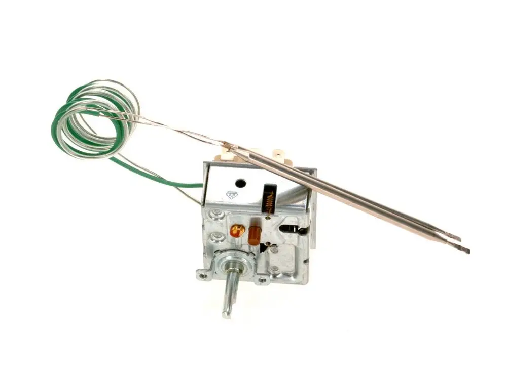 Temperaturregler mit Metallgehäuse und Sensorleitungen, der für Bosch E-Heizeinsätze geeignet ist. Zeigt eine Drehmechanik zur Einstellung der Temperatur.